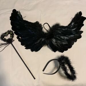 Black angel wings & halo headband and wand with heart